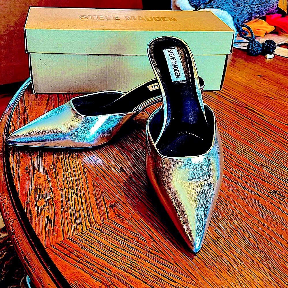 👠👠NewInBoxFablous Audree SilverMule Pump.SleekPointedToe.Kitten Heel.TrendingS:8